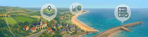 Illustration d'une commune en bord de mer comprenant des icônes représentant des données disponibles